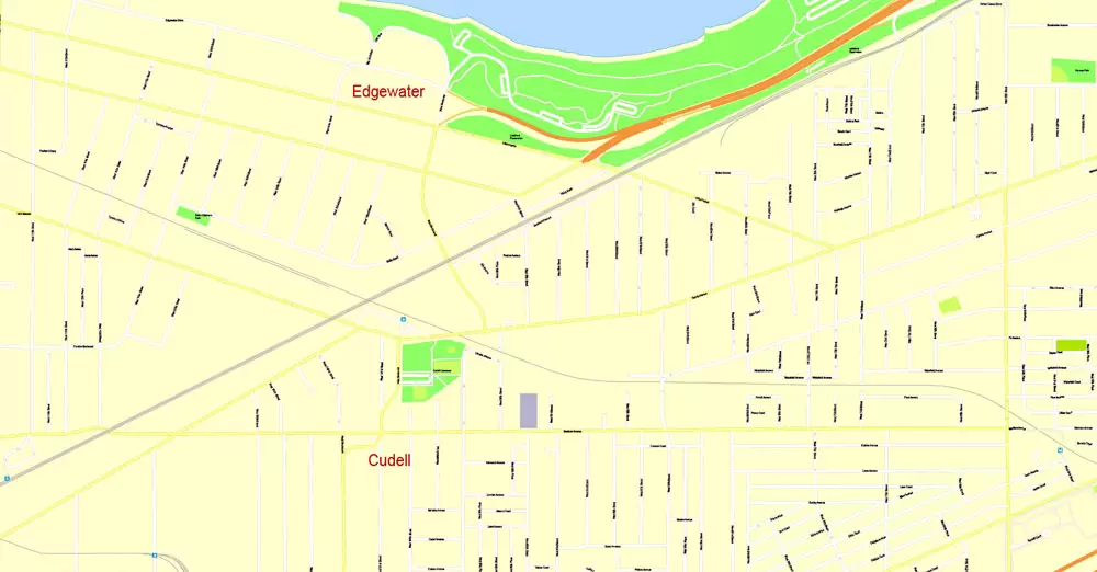 Printable Map Cleveland OH, exact vector street G-View Level 17 (100 meters scale) map, V.29.11. fully editable, Adobe Illustrator, full vector, scalable, editable text format of street names, 6 Mb ZIP.