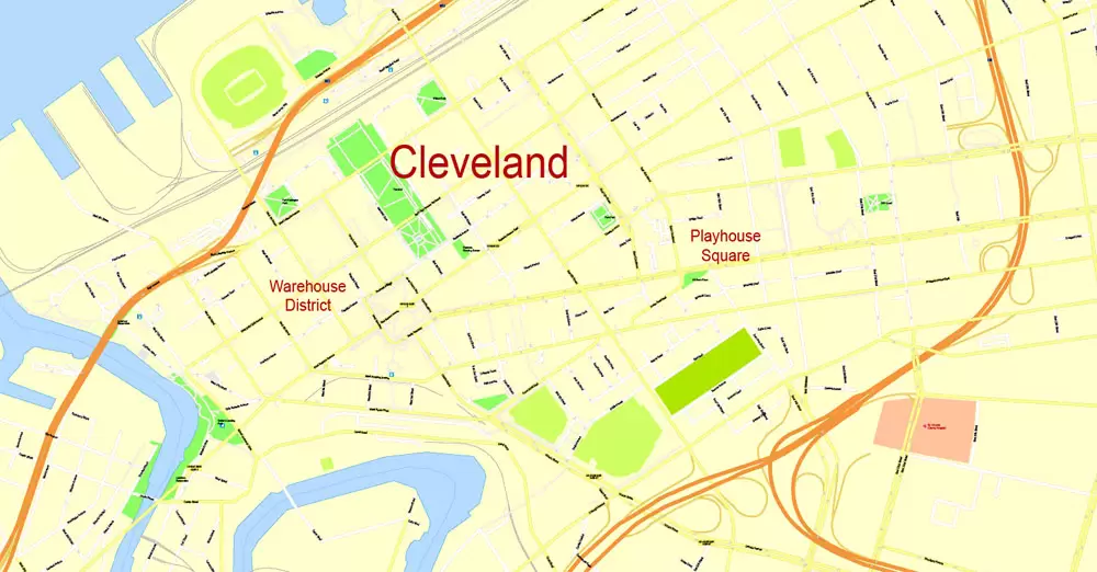 Printable Map Cleveland OH, exact vector street G-View Level 17 (100 meters scale) map, V.29.11. fully editable, Adobe Illustrator, full vector, scalable, editable text format of street names, 6 Mb ZIP.