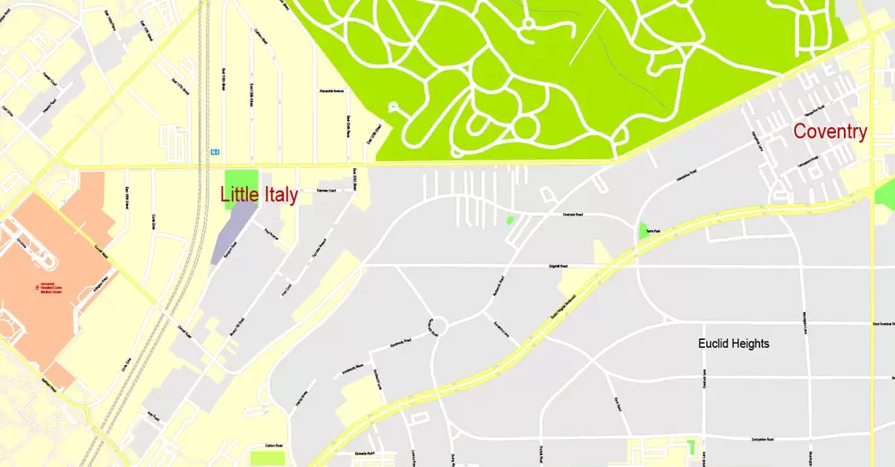 Printable Map Cleveland OH, exact vector street G-View Level 17 (100 meters scale) map, V.29.11. fully editable, Adobe Illustrator, full vector, scalable, editable text format of street names, 6 Mb ZIP.