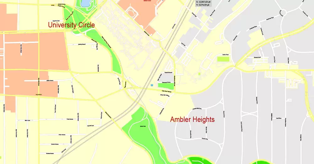 Printable Map Cleveland OH, exact vector street G-View Level 17 (100 meters scale) map, V.29.11. fully editable, Adobe Illustrator, full vector, scalable, editable text format of street names, 6 Mb ZIP.