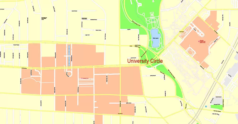Printable Map Cleveland OH, exact vector street G-View Level 17 (100 meters scale) map, V.29.11. fully editable, Adobe Illustrator, full vector, scalable, editable text format of street names, 6 Mb ZIP.