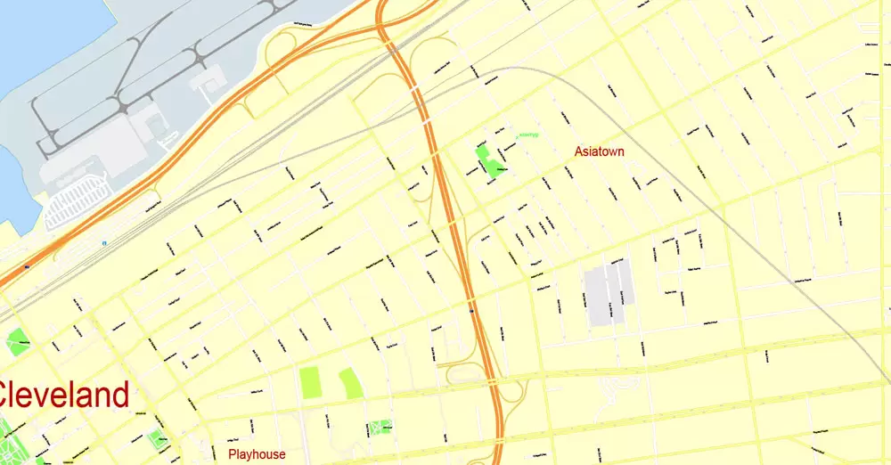 Printable Map Cleveland OH, exact vector street G-View Level 17 (100 meters scale) map, V.29.11. fully editable, Adobe Illustrator, full vector, scalable, editable text format of street names, 6 Mb ZIP.