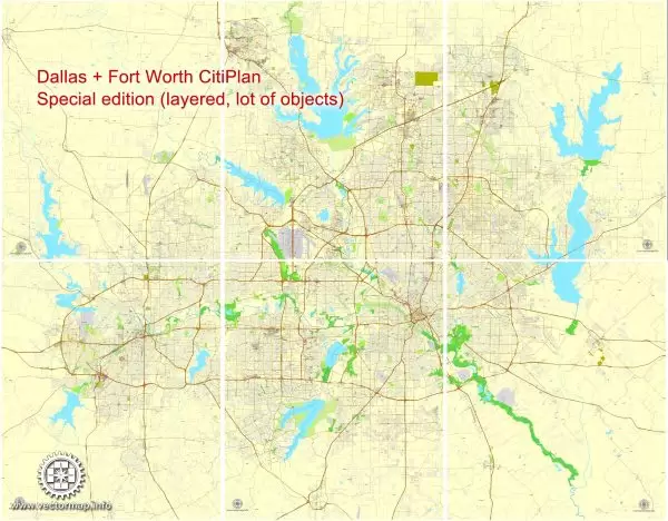 Printable Map Dallas + Fort Worth TX, US, exact vector street CityPlan map in 6 parts, V.29.11. fully editable, Adobe Illustrator, full vector, scalable, editable text format of street names, 45 Mb ZIP.