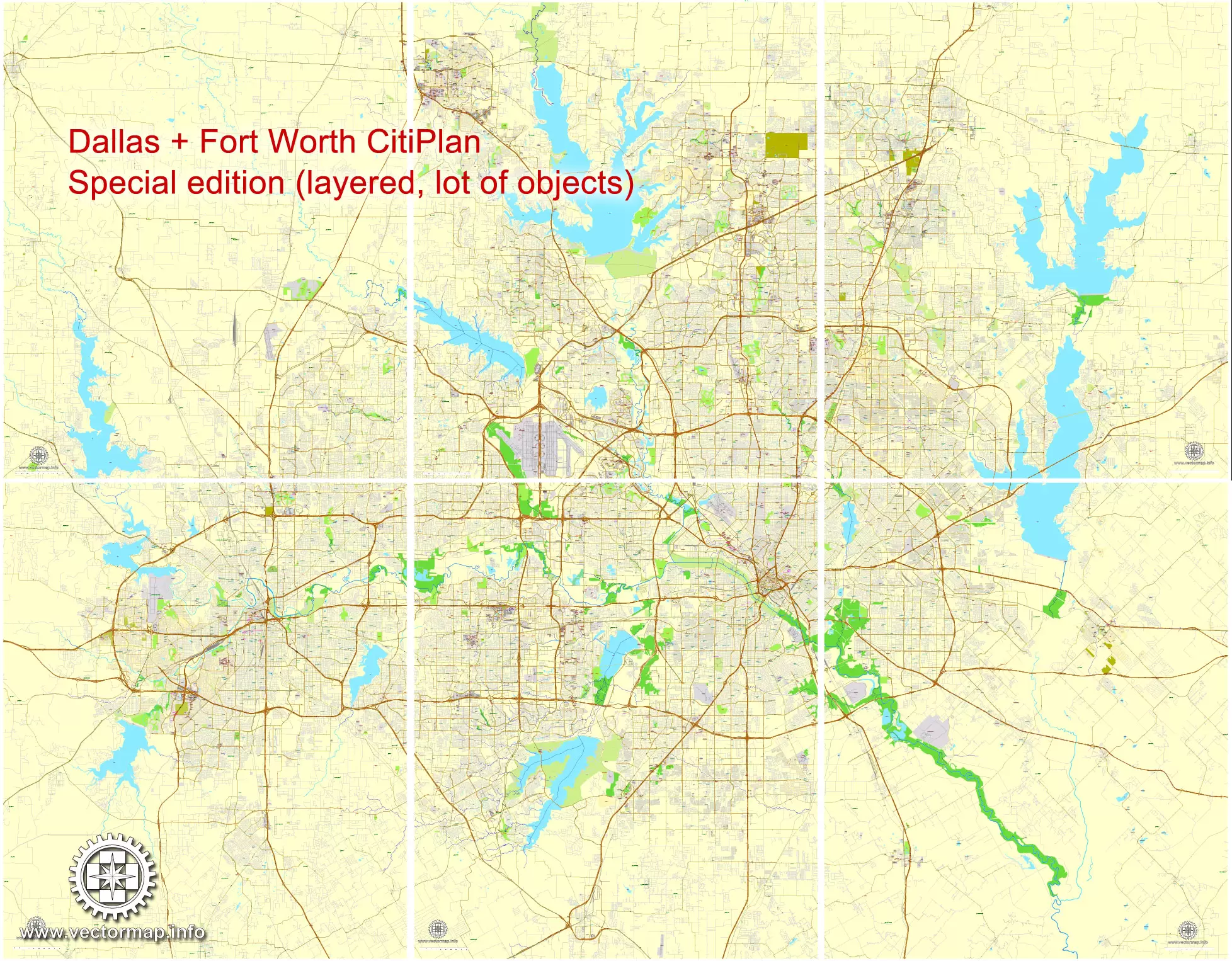 Printable Map Dallas + Fort Worth TX, US, exact vector street CityPlan map in 6 parts, V.29.11. fully editable, Adobe Illustrator, full vector, scalable, editable text format of street names, 45 Mb ZIP.