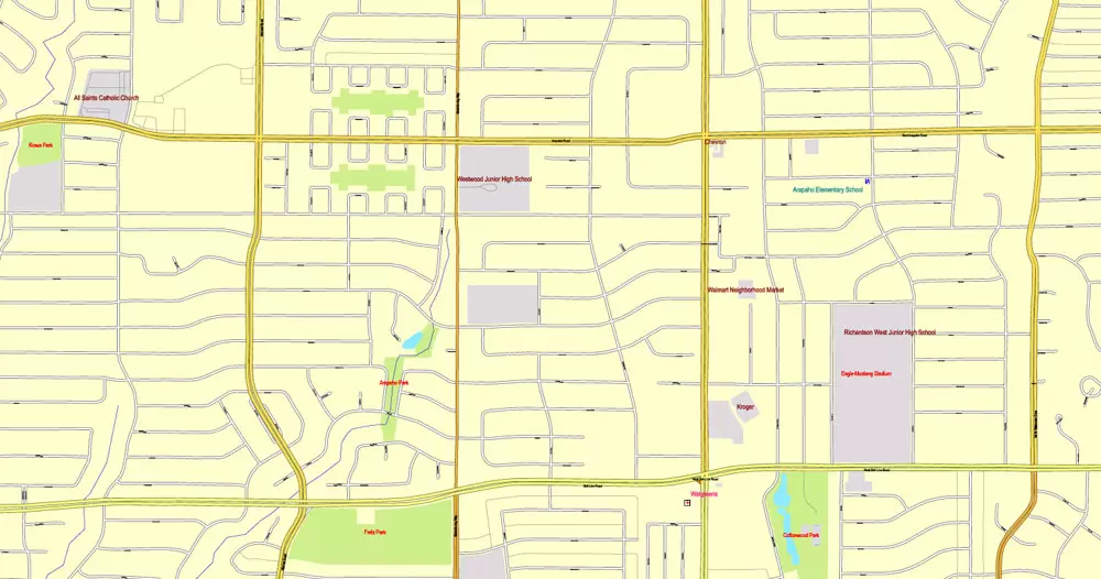 Printable Map Dallas + Fort Worth TX, US, exact vector street CityPlan map in 6 parts, V.29.11. fully editable, Adobe Illustrator, full vector, scalable, editable text format of street names, 45 Mb ZIP.