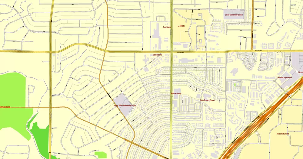 Printable Map Dallas + Fort Worth TX, US, exact vector street CityPlan map in 6 parts, V.29.11. fully editable, Adobe Illustrator, full vector, scalable, editable text format of street names, 45 Mb ZIP.