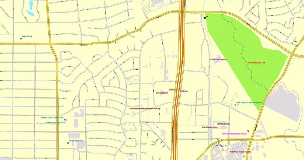 Printable Map Dallas + Fort Worth TX, US, exact vector street CityPlan map in 6 parts, V.29.11. fully editable, Adobe Illustrator, full vector, scalable, editable text format of street names, 45 Mb ZIP.
