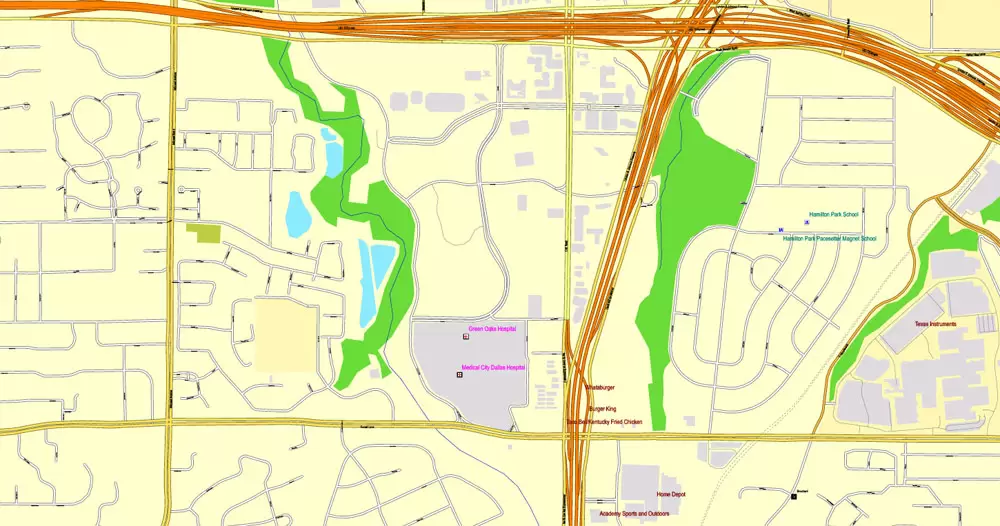 Printable Map Dallas + Fort Worth TX, US, exact vector street CityPlan map in 6 parts, V.29.11. fully editable, Adobe Illustrator, full vector, scalable, editable text format of street names, 45 Mb ZIP.