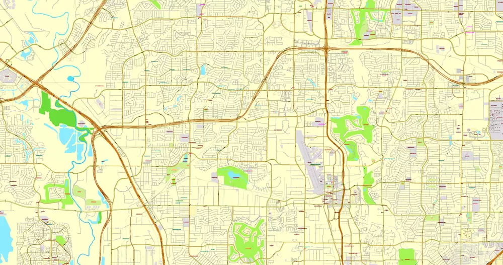 Printable Map Dallas + Fort Worth TX, US, exact vector street CityPlan map in 6 parts, V.29.11. fully editable, Adobe Illustrator, full vector, scalable, editable text format of street names, 45 Mb ZIP.