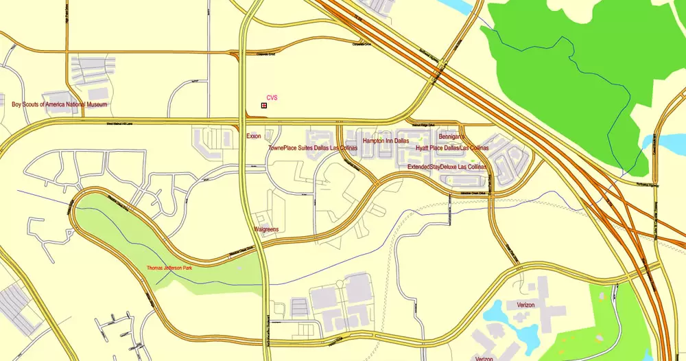 Printable Map Dallas + Fort Worth TX, US, exact vector street CityPlan map in 6 parts, V.29.11. fully editable, Adobe Illustrator, full vector, scalable, editable text format of street names, 45 Mb ZIP.