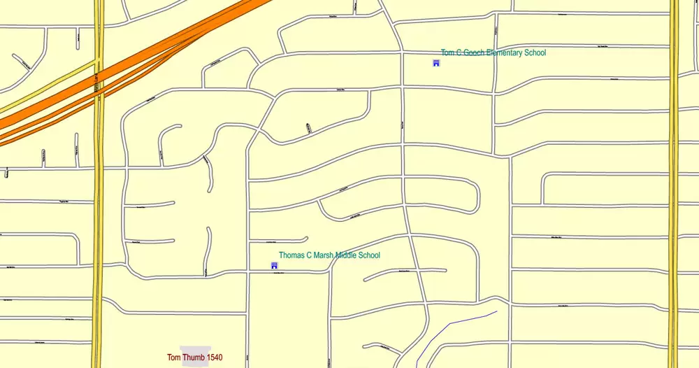 Printable Map Dallas + Fort Worth TX, US, exact vector street CityPlan map in 6 parts, V.29.11. fully editable, Adobe Illustrator, full vector, scalable, editable text format of street names, 45 Mb ZIP.