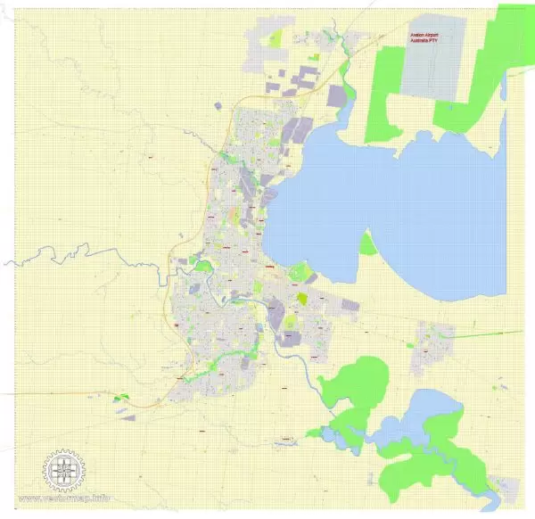Printable Map Geelong, Australia, exact vector street map, V17.11, fully editable, Adobe Illustrator, G-View Level 17 (100 meters scale), full vector, scalable, editable, text format of street names, 3 Mb ZIP.