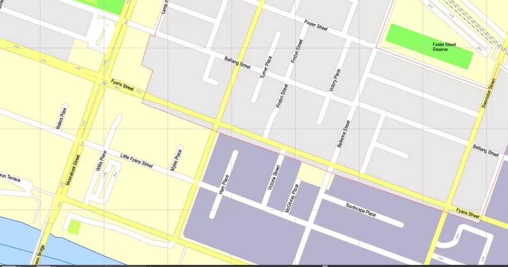 Printable Map Geelong, Australia, exact vector street map, V17.11, fully editable, Adobe Illustrator, G-View Level 17 (100 meters scale), full vector, scalable, editable, text format of street names, 3 Mb ZIP.