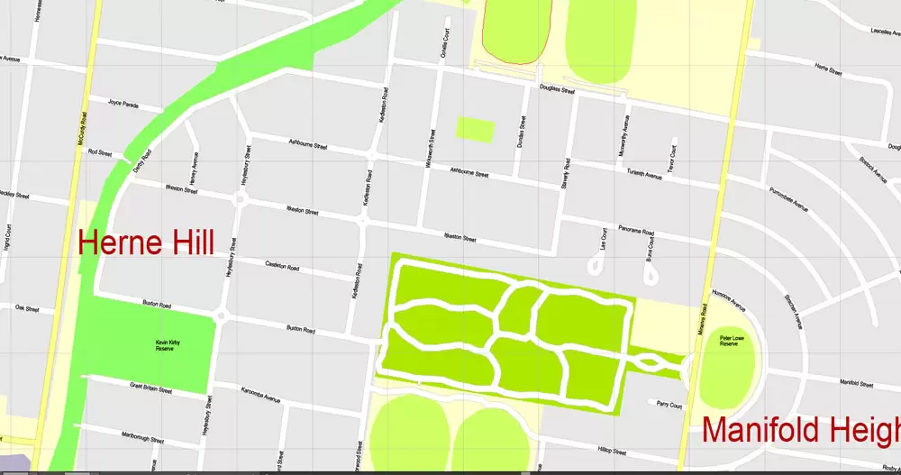 Printable Map Geelong, Australia, exact vector street map, V17.11, fully editable, Adobe Illustrator, G-View Level 17 (100 meters scale), full vector, scalable, editable, text format of street names, 3 Mb ZIP.