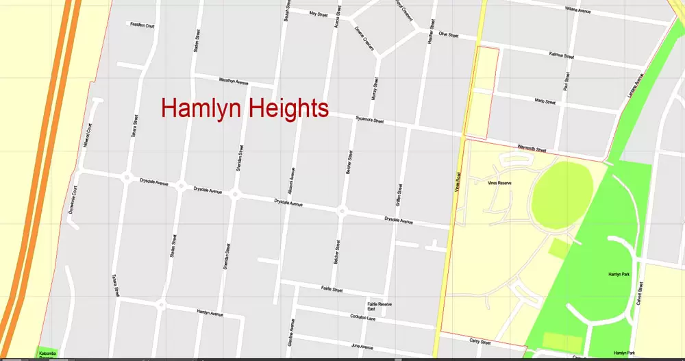 Printable Map Geelong, Australia, exact vector street map, V17.11, fully editable, Adobe Illustrator, G-View Level 17 (100 meters scale), full vector, scalable, editable, text format of street names, 3 Mb ZIP.