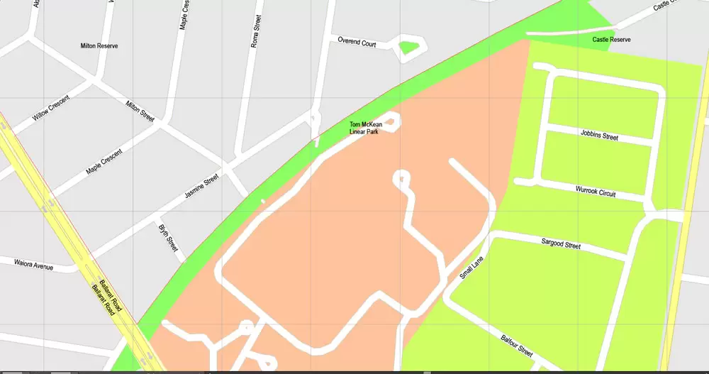 Printable Map Geelong, Australia, exact vector street map, V17.11, fully editable, Adobe Illustrator, G-View Level 17 (100 meters scale), full vector, scalable, editable, text format of street names, 3 Mb ZIP.