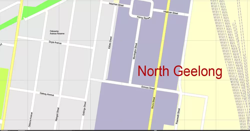 Printable Map Geelong, Australia, exact vector street map, V17.11, fully editable, Adobe Illustrator, G-View Level 17 (100 meters scale), full vector, scalable, editable, text format of street names, 3 Mb ZIP.