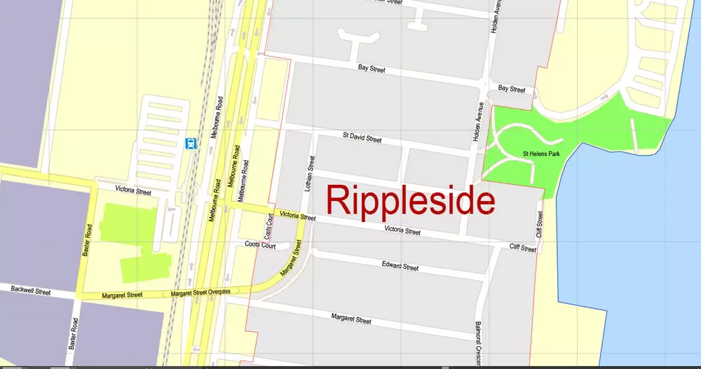 Printable Map Geelong, Australia, exact vector street map, V17.11, fully editable, Adobe Illustrator, G-View Level 17 (100 meters scale), full vector, scalable, editable, text format of street names, 3 Mb ZIP.