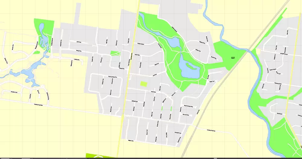 Printable Map Geelong, Australia, exact vector street map, V17.11, fully editable, Adobe Illustrator, G-View Level 17 (100 meters scale), full vector, scalable, editable, text format of street names, 3 Mb ZIP.