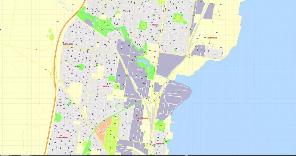 Printable Map Geelong, Australia, exact vector street map, V17.11, fully editable, Adobe Illustrator, G-View Level 17 (100 meters scale), full vector, scalable, editable, text format of street names, 3 Mb ZIP.