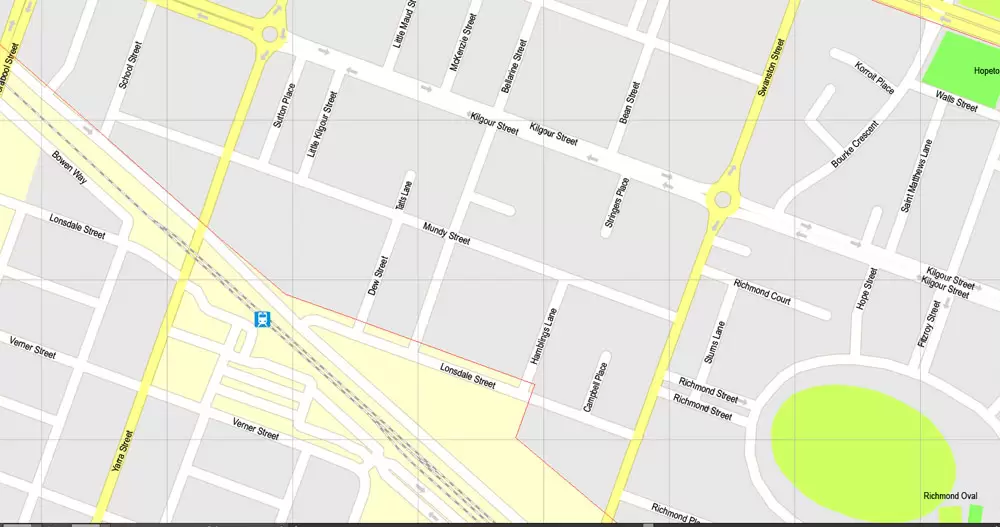 Printable Map Geelong, Australia, exact vector street map, V17.11, fully editable, Adobe Illustrator, G-View Level 17 (100 meters scale), full vector, scalable, editable, text format of street names, 3 Mb ZIP.