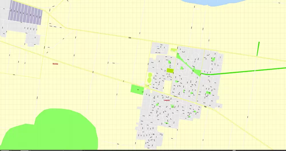 Printable Map Geelong, Australia, exact vector street map, V17.11, fully editable, Adobe Illustrator, G-View Level 17 (100 meters scale), full vector, scalable, editable, text format of street names, 3 Mb ZIP.