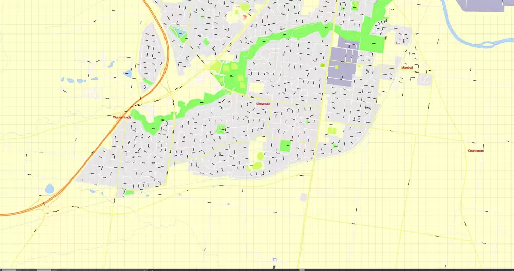 Printable Map Geelong, Australia, exact vector street map, V17.11, fully editable, Adobe Illustrator, G-View Level 17 (100 meters scale), full vector, scalable, editable, text format of street names, 3 Mb ZIP.
