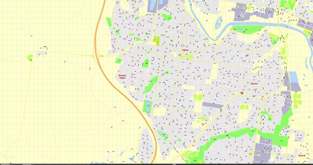 Printable Map Geelong, Australia, exact vector street map, V17.11, fully editable, Adobe Illustrator, G-View Level 17 (100 meters scale), full vector, scalable, editable, text format of street names, 3 Mb ZIP.