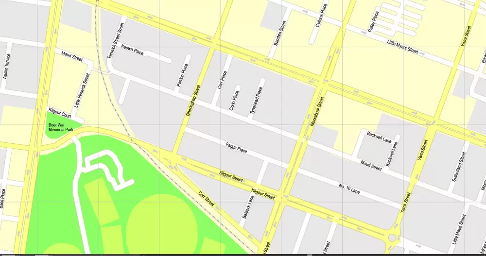 Printable Map Geelong, Australia, exact vector street map, V17.11, fully editable, Adobe Illustrator, G-View Level 17 (100 meters scale), full vector, scalable, editable, text format of street names, 3 Mb ZIP.