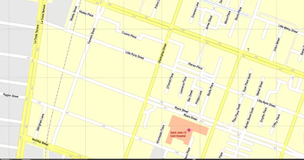 Printable Map Geelong, Australia, exact vector street map, V17.11, fully editable, Adobe Illustrator, G-View Level 17 (100 meters scale), full vector, scalable, editable, text format of street names, 3 Mb ZIP.