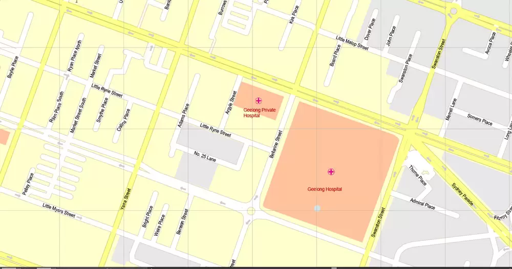 Printable Map Geelong, Australia, exact vector street map, V17.11, fully editable, Adobe Illustrator, G-View Level 17 (100 meters scale), full vector, scalable, editable, text format of street names, 3 Mb ZIP.