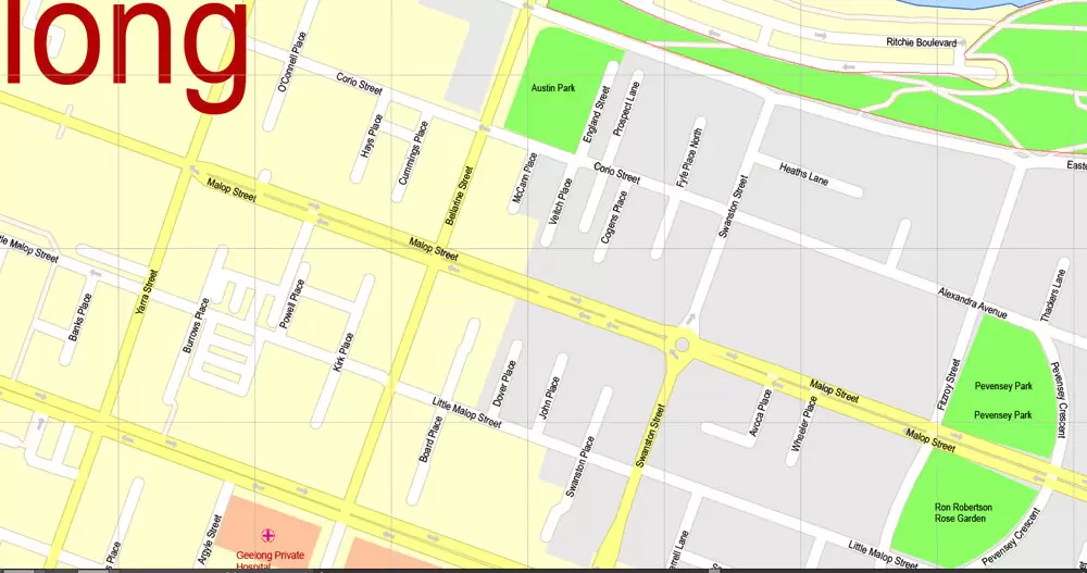 Printable Map Geelong, Australia, exact vector street map, V17.11, fully editable, Adobe Illustrator, G-View Level 17 (100 meters scale), full vector, scalable, editable, text format of street names, 3 Mb ZIP.