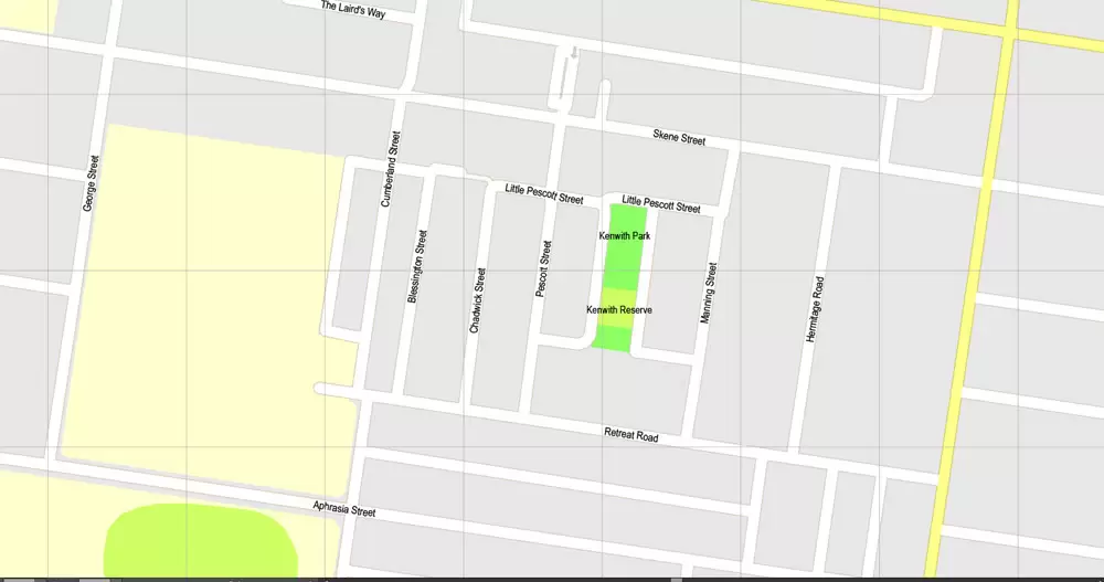 Printable Map Geelong, Australia, exact vector street map, V17.11, fully editable, Adobe Illustrator, G-View Level 17 (100 meters scale), full vector, scalable, editable, text format of street names, 3 Mb ZIP.