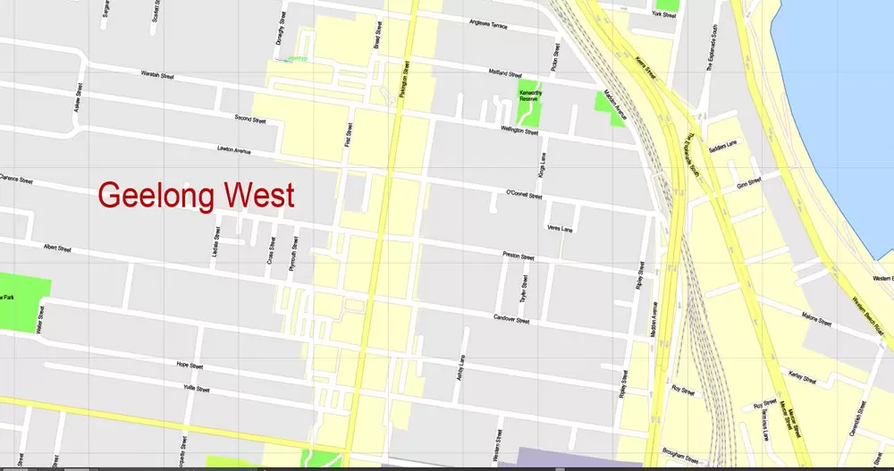 Printable Map Geelong, Australia, exact vector street map, V17.11, fully editable, Adobe Illustrator, G-View Level 17 (100 meters scale), full vector, scalable, editable, text format of street names, 3 Mb ZIP.