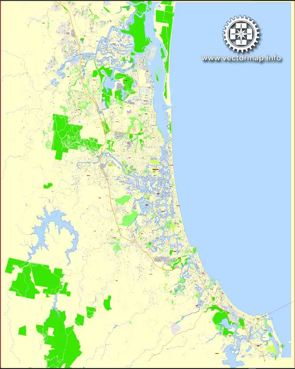 Printable Map Gold Coast, Australia, exact vector street map, V17.11, fully editable, Adobe Illustrator, G-View Level 17 (100 meters scale), full vector, scalable, editable, text format of street names, 6 Mb ZIP.