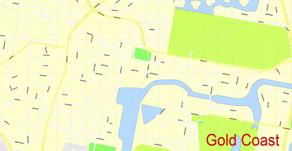 Printable Map Gold Coast, Australia, exact vector street map, V17.11, fully editable, Adobe Illustrator, G-View Level 17 (100 meters scale), full vector, scalable, editable, text format of street names, 6 Mb ZIP.