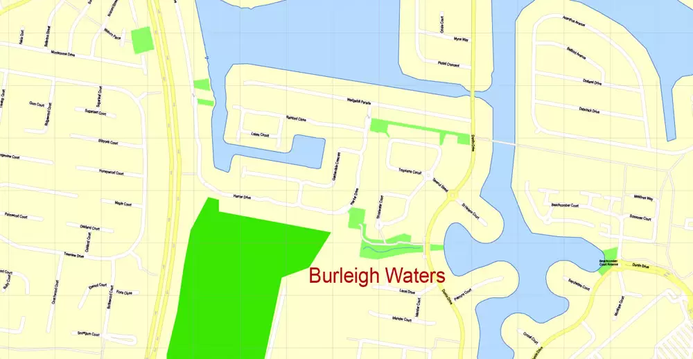 Printable Map Gold Coast, Australia, exact vector street map, V17.11, fully editable, Adobe Illustrator, G-View Level 17 (100 meters scale), full vector, scalable, editable, text format of street names, 6 Mb ZIP.
