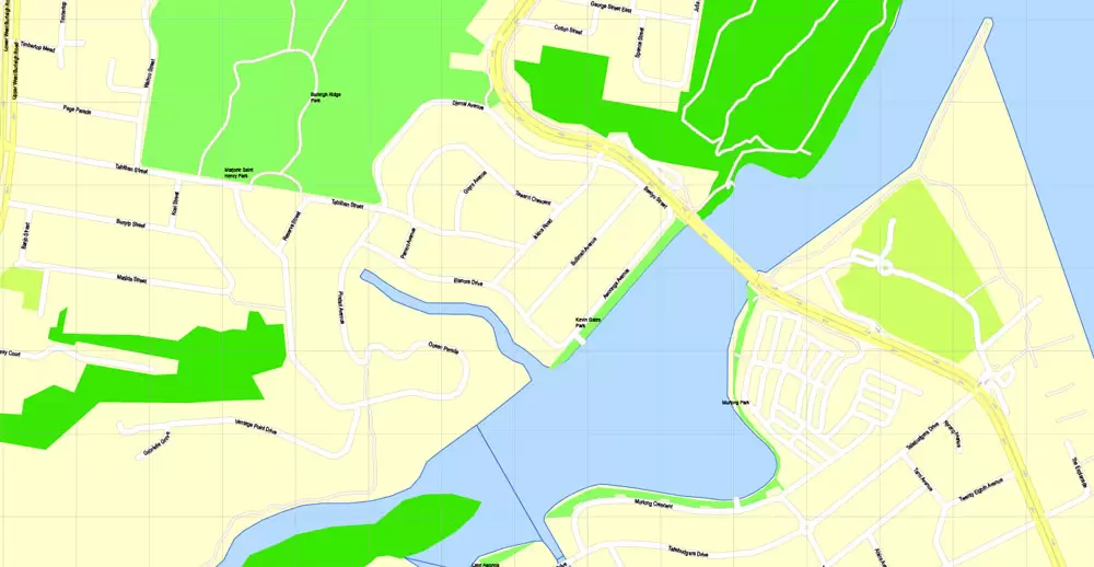 Printable Map Gold Coast, Australia, exact vector street map, V17.11, fully editable, Adobe Illustrator, G-View Level 17 (100 meters scale), full vector, scalable, editable, text format of street names, 6 Mb ZIP.