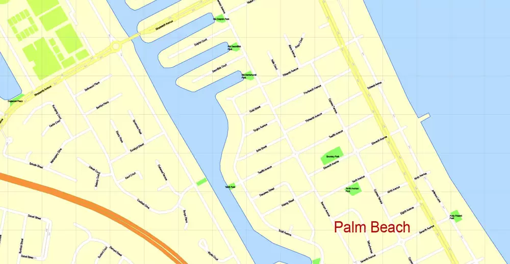 Printable Map Gold Coast, Australia, exact vector street map, V17.11, fully editable, Adobe Illustrator, G-View Level 17 (100 meters scale), full vector, scalable, editable, text format of street names, 6 Mb ZIP.
