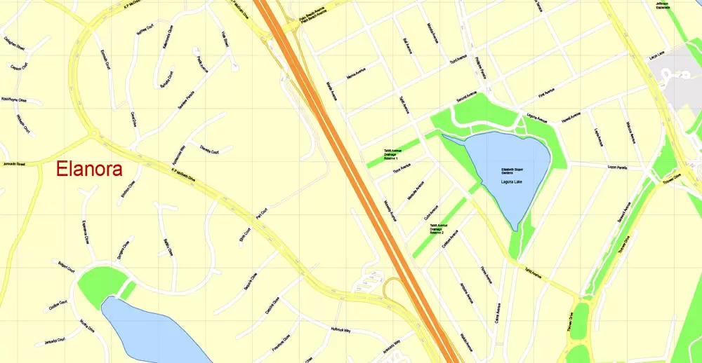 Printable Map Gold Coast, Australia, exact vector street map, V17.11, fully editable, Adobe Illustrator, G-View Level 17 (100 meters scale), full vector, scalable, editable, text format of street names, 6 Mb ZIP.