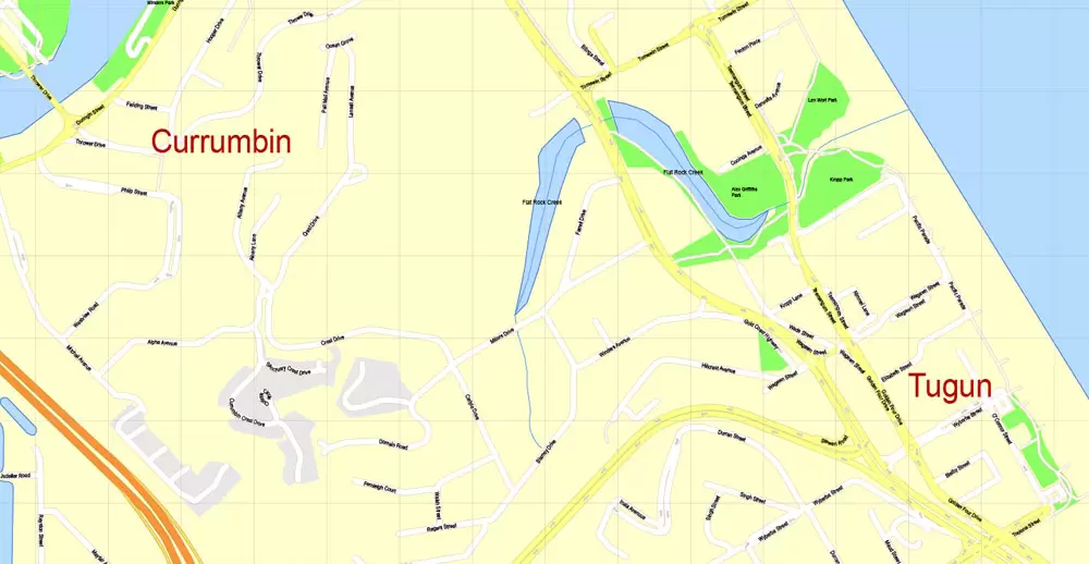 Printable Map Gold Coast, Australia, exact vector street map, V17.11, fully editable, Adobe Illustrator, G-View Level 17 (100 meters scale), full vector, scalable, editable, text format of street names, 6 Mb ZIP.