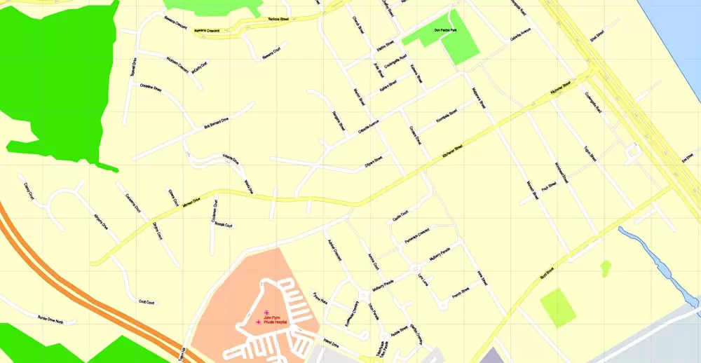 Printable Map Gold Coast, Australia, exact vector street map, V17.11, fully editable, Adobe Illustrator, G-View Level 17 (100 meters scale), full vector, scalable, editable, text format of street names, 6 Mb ZIP.