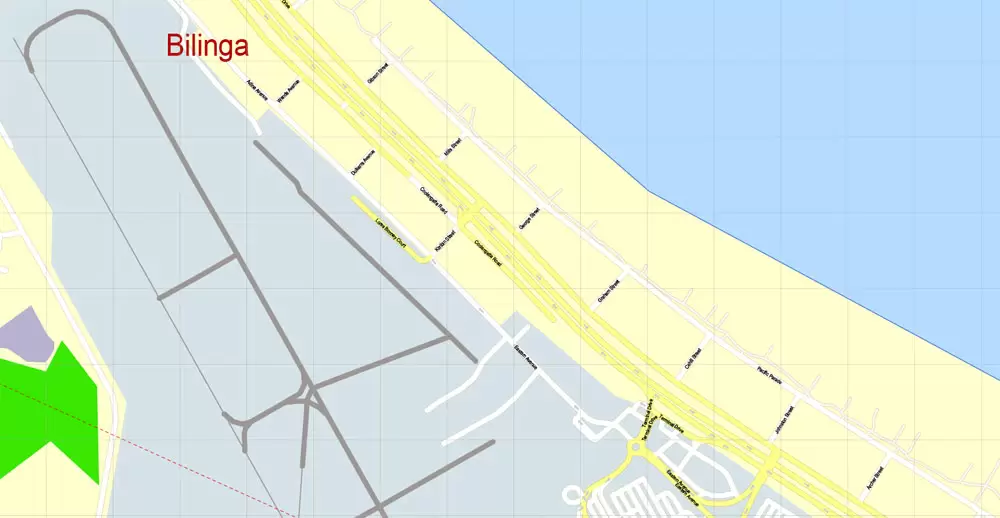 Printable Map Gold Coast, Australia, exact vector street map, V17.11, fully editable, Adobe Illustrator, G-View Level 17 (100 meters scale), full vector, scalable, editable, text format of street names, 6 Mb ZIP.