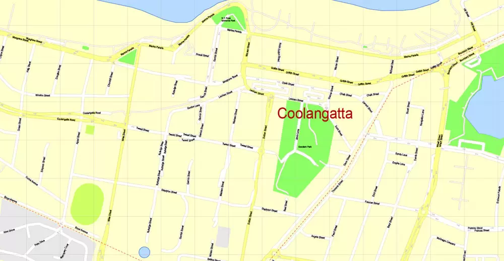 Printable Map Gold Coast, Australia, exact vector street map, V17.11, fully editable, Adobe Illustrator, G-View Level 17 (100 meters scale), full vector, scalable, editable, text format of street names, 6 Mb ZIP.