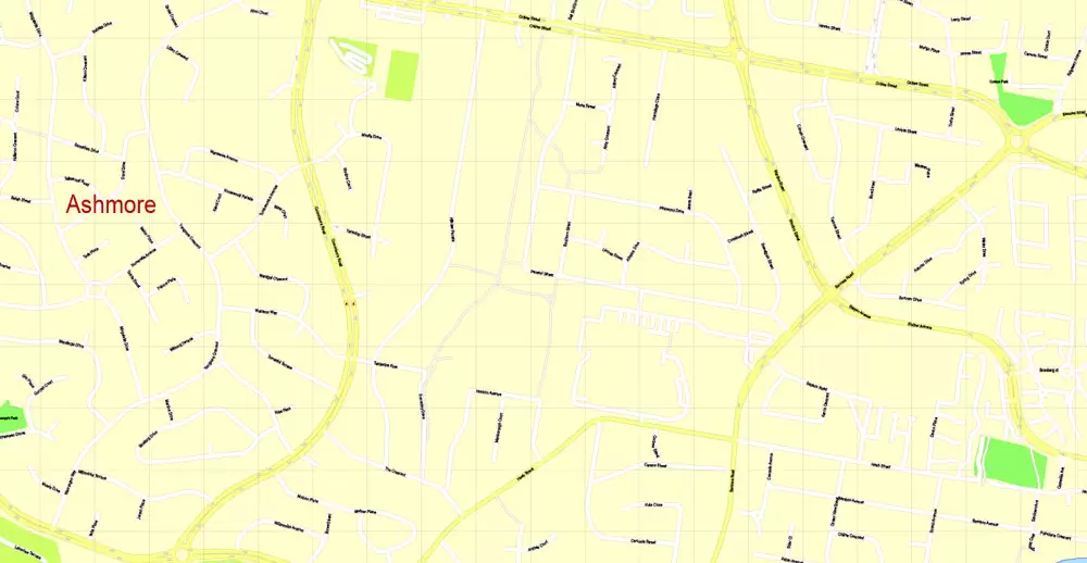Printable Map Gold Coast, Australia, exact vector street map, V17.11, fully editable, Adobe Illustrator, G-View Level 17 (100 meters scale), full vector, scalable, editable, text format of street names, 6 Mb ZIP.