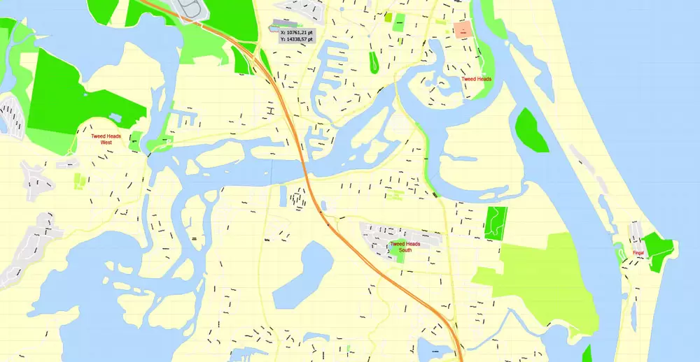 Printable Map Gold Coast, Australia, exact vector street map, V17.11, fully editable, Adobe Illustrator, G-View Level 17 (100 meters scale), full vector, scalable, editable, text format of street names, 6 Mb ZIP.