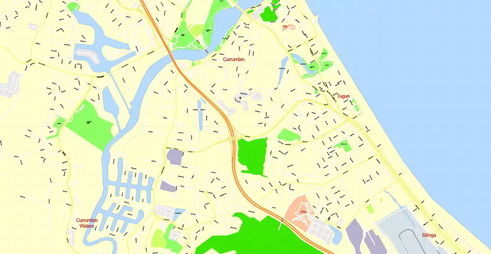 Printable Map Gold Coast, Australia, exact vector street map, V17.11, fully editable, Adobe Illustrator, G-View Level 17 (100 meters scale), full vector, scalable, editable, text format of street names, 6 Mb ZIP.