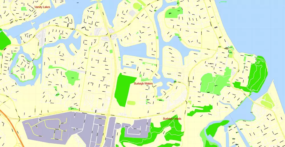 Printable Map Gold Coast, Australia, exact vector street map, V17.11, fully editable, Adobe Illustrator, G-View Level 17 (100 meters scale), full vector, scalable, editable, text format of street names, 6 Mb ZIP.
