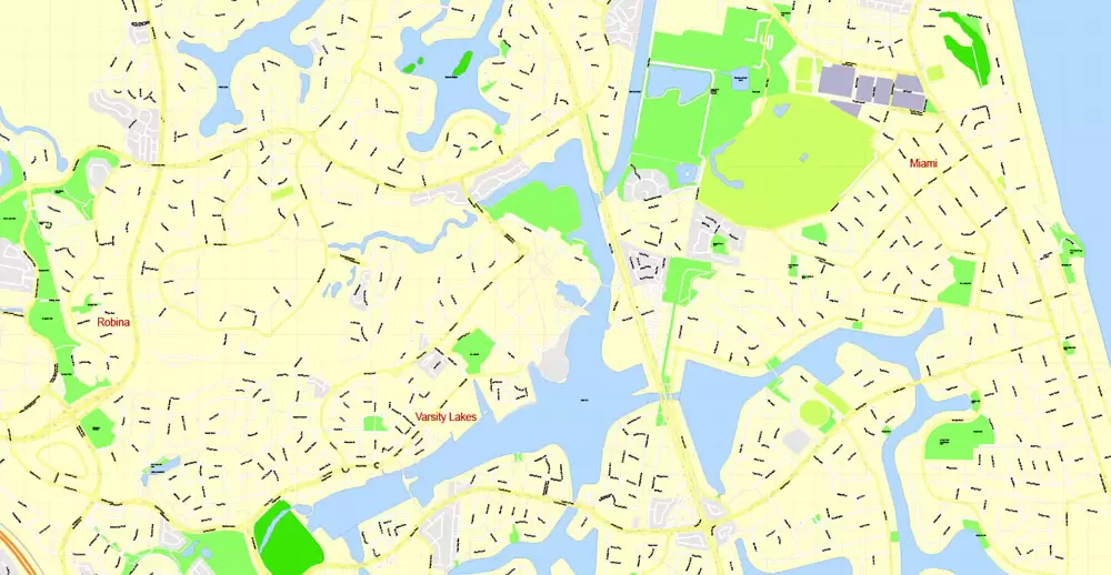 Printable Map Gold Coast, Australia, exact vector street map, V17.11, fully editable, Adobe Illustrator, G-View Level 17 (100 meters scale), full vector, scalable, editable, text format of street names, 6 Mb ZIP.