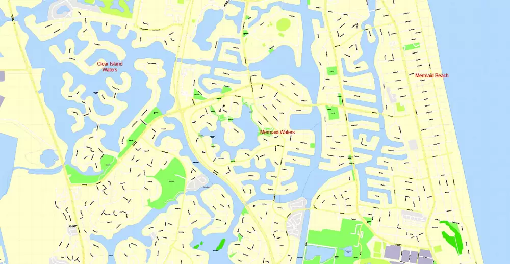 Printable Map Gold Coast, Australia, exact vector street map, V17.11, fully editable, Adobe Illustrator, G-View Level 17 (100 meters scale), full vector, scalable, editable, text format of street names, 6 Mb ZIP.